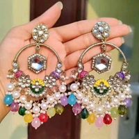 Afghani Multicolor Bollywood Style Kundan Jhumka Earrings Enameled Jewelry Set - Golden, Free Size