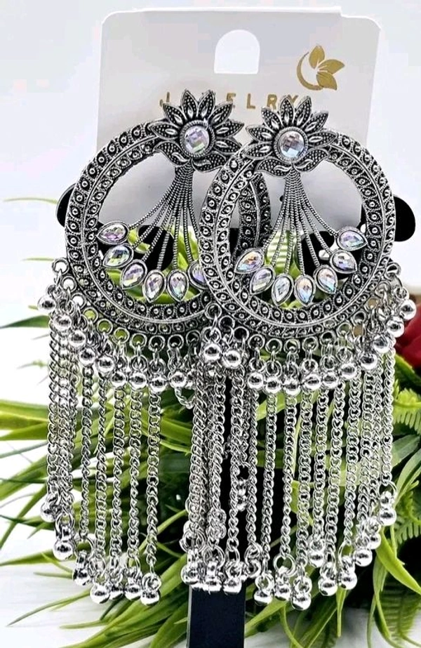 Oxidised Heavy Chandbali Jhumki Earrings With AD Stone
 - silver, Free Size