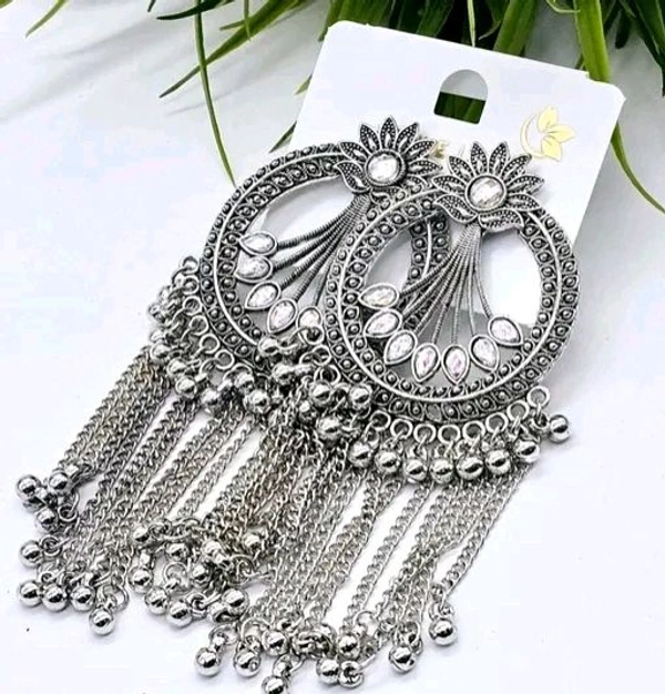 Oxidised Heavy Chandbali Jhumki Earrings With AD Stone
 - silver, Free Size