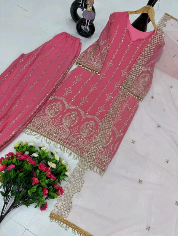 New Designer Collection in Pure Faux Georgette With Heavy Embroidery Work Stitched Suit - Blush, XL