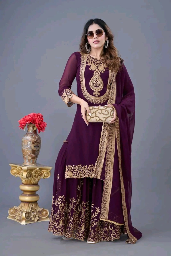 Amazing Yellow Color Faux Georgette With Embroidery Sequence Thread Work Salwar Suit
 - wine, L
