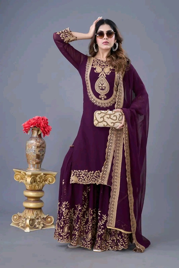 Amazing Yellow Color Faux Georgette With Embroidery Sequence Thread Work Salwar Suit
 - wine, L