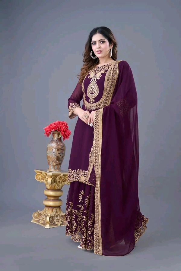 Amazing Yellow Color Faux Georgette With Embroidery Sequence Thread Work Salwar Suit
 - wine, L