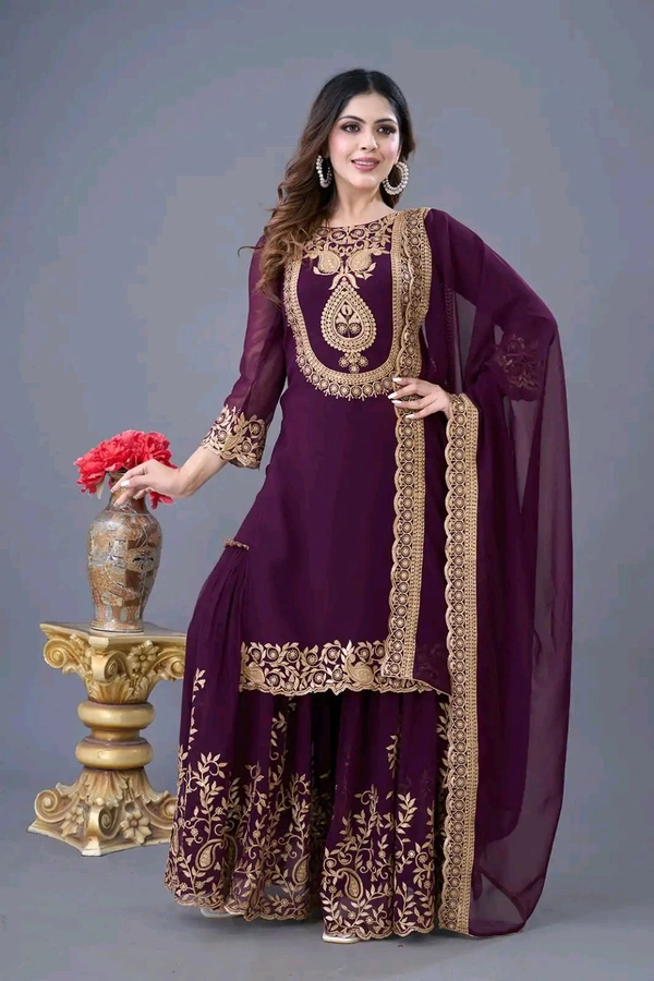 Amazing Yellow Color Faux Georgette With Embroidery Sequence Thread Work Salwar Suit
 - wine, L