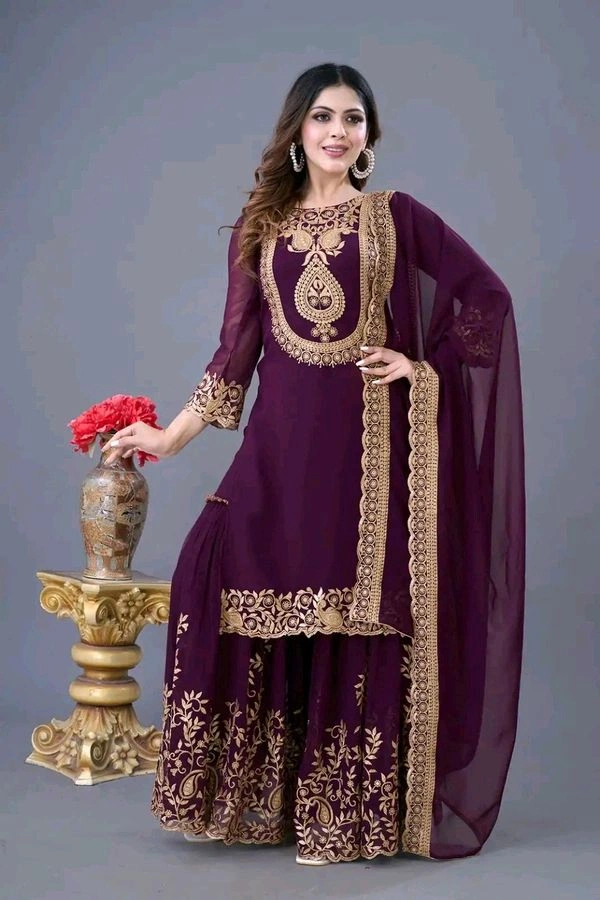 Amazing Yellow Color Faux Georgette With Embroidery Sequence Thread Work Salwar Suit
 - wine, M