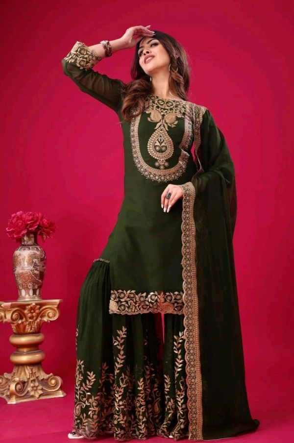 Amazing Yellow Color Faux Georgette With Embroidery Sequence Thread Work Salwar Suit
 - Thatch Green, XL