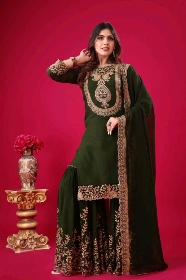 Amazing Yellow Color Faux Georgette With Embroidery Sequence Thread Work Salwar Suit
 - Thatch Green, XXL