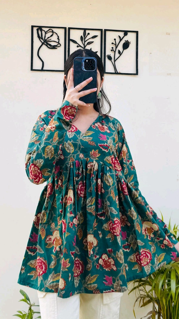 Cotton Flared Bottle Green Aliacut Floral Print Peplum Top - Surfie Green, XL