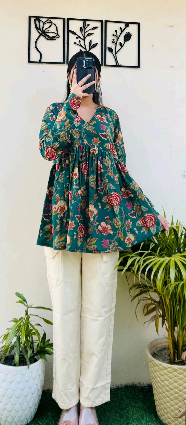 Cotton Flared Bottle Green Aliacut Floral Print Peplum Top - Surfie Green, XS
