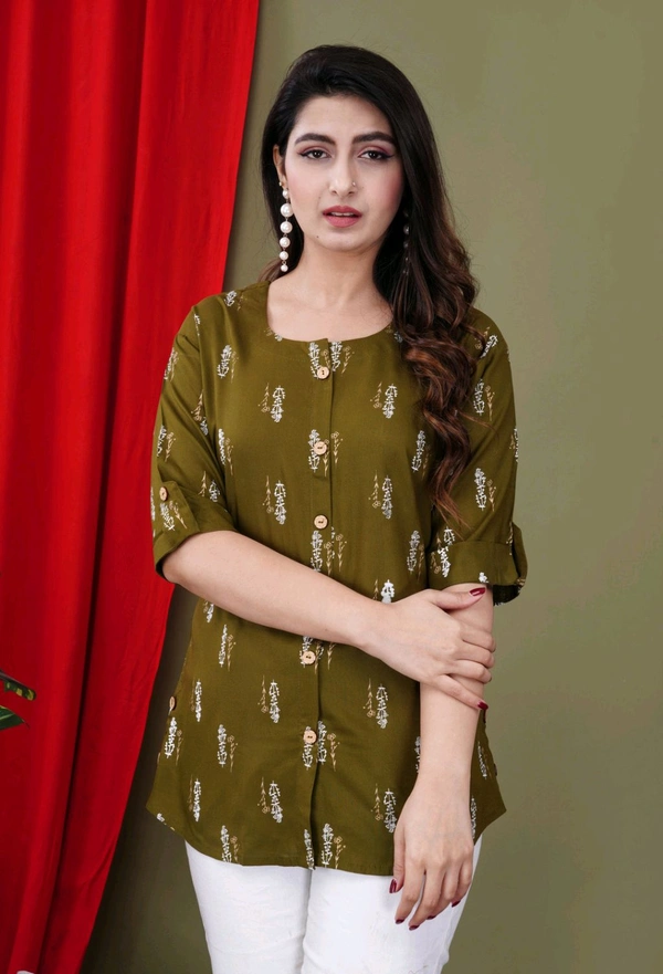 Casual Roll Up Sleeves Printed Women Green, Yellow, White Top
 - Mehandi, M