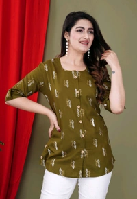 Casual Roll Up Sleeves Printed Women Green, Yellow, White Top
 - Mehandi, M