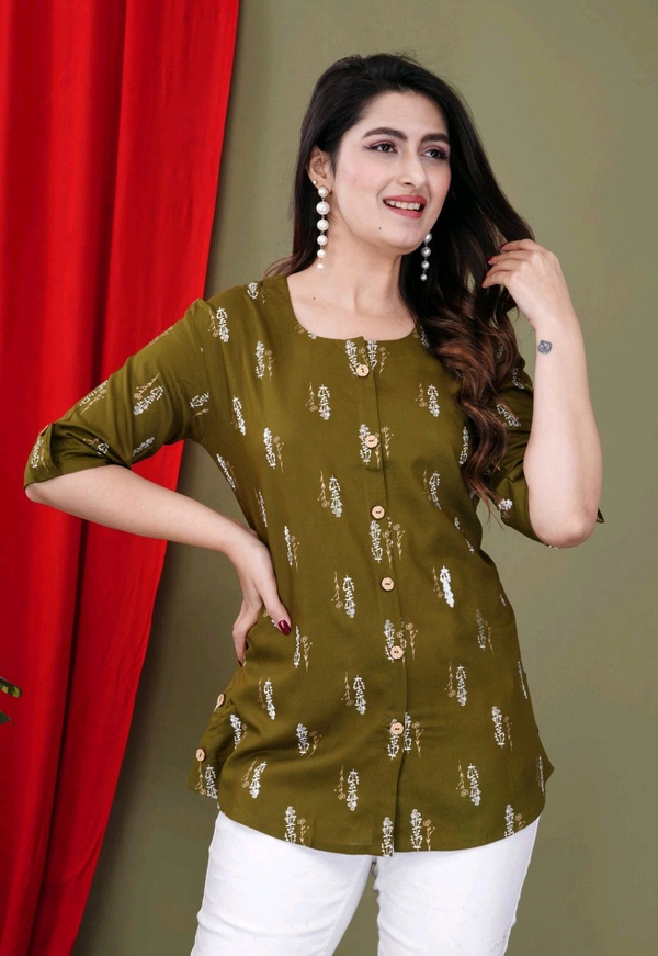 Casual Roll Up Sleeves Printed Women Green, Yellow, White Top
 - Mehandi, M