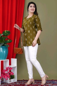 Casual Roll Up Sleeves Printed Women Green, Yellow, White Top
 - Mehandi, M