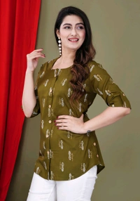 Casual Roll Up Sleeves Printed Women Green, Yellow, White Top
 - Mehandi, S