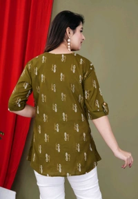 Casual Roll Up Sleeves Printed Women Green, Yellow, White Top
 - Mehandi, 5XL