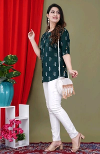 Casual Roll Up Sleeves Printed Women Green, Yellow, White Top
 - Dark Green, XL