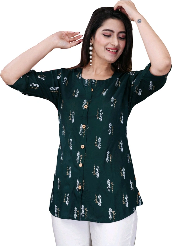 Casual Roll Up Sleeves Printed Women Green, Yellow, White Top
 - Dark Green, 2XL