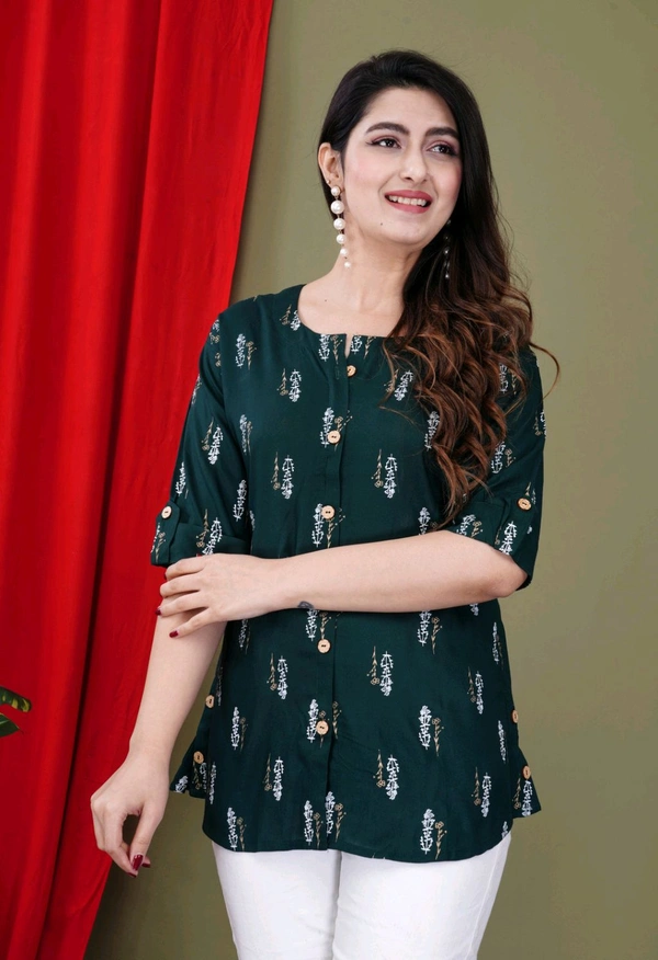 Casual Roll Up Sleeves Printed Women Green, Yellow, White Top
 - Dark Green, 5XL