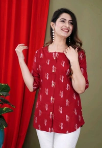 Casual Roll Up Sleeves Printed Women Green, Yellow, White Top
 - Maroon, L