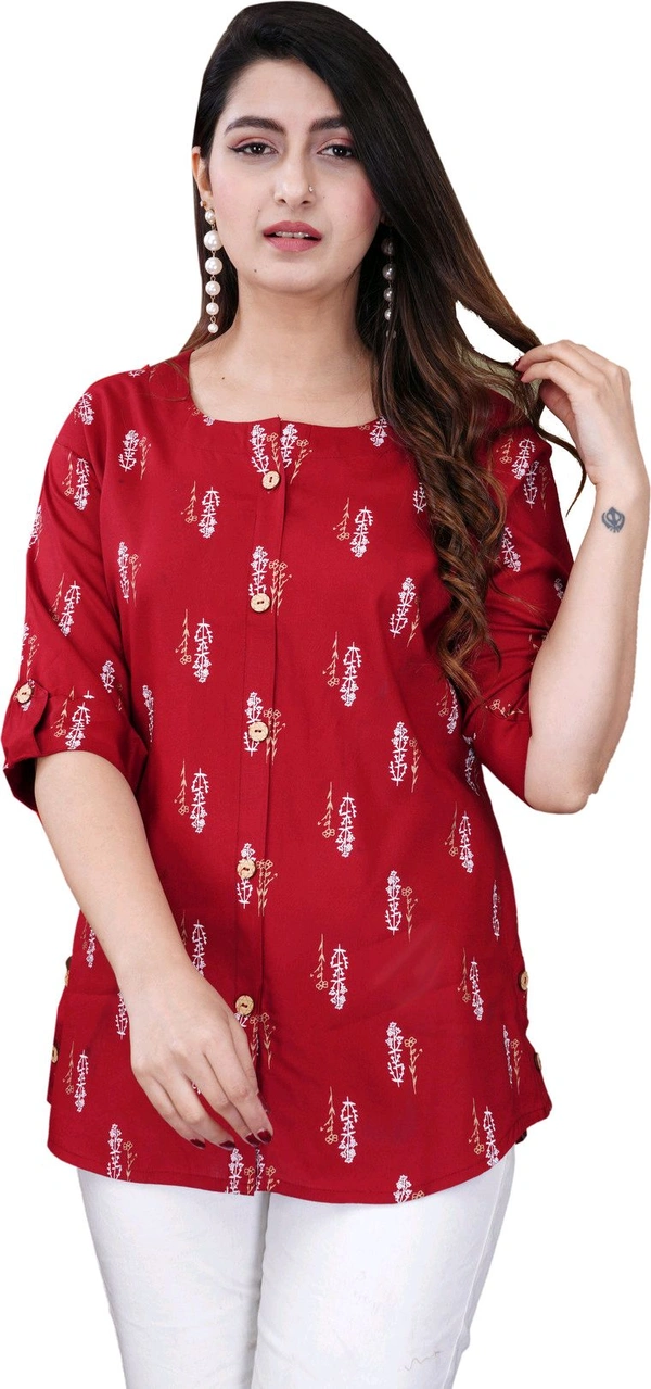 Casual Roll Up Sleeves Printed Women Green, Yellow, White Top
 - Maroon, 5XL