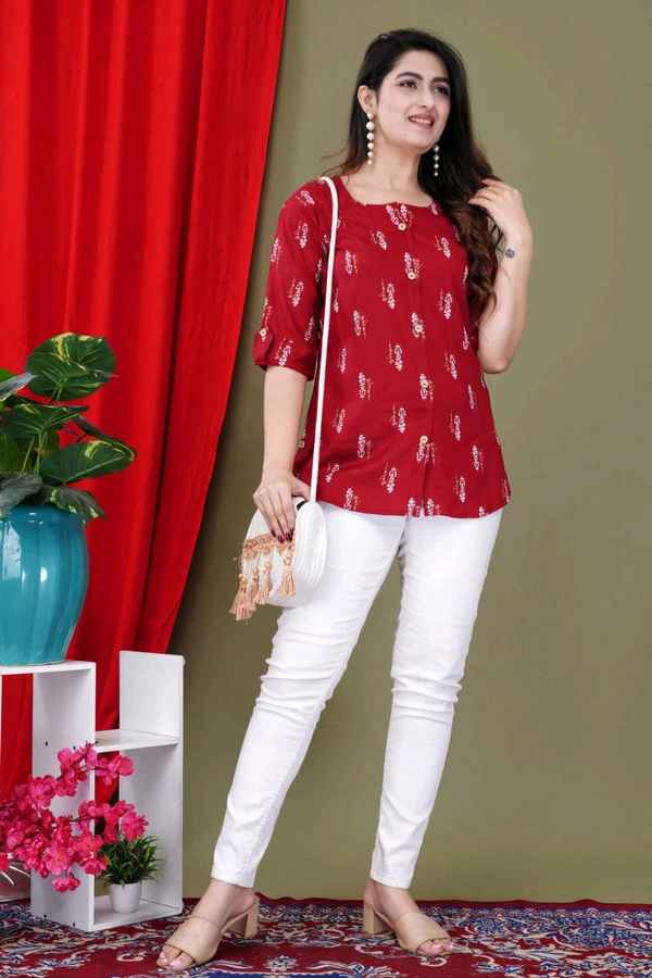 Casual Roll Up Sleeves Printed Women Green, Yellow, White Top
 - Maroon, 5XL