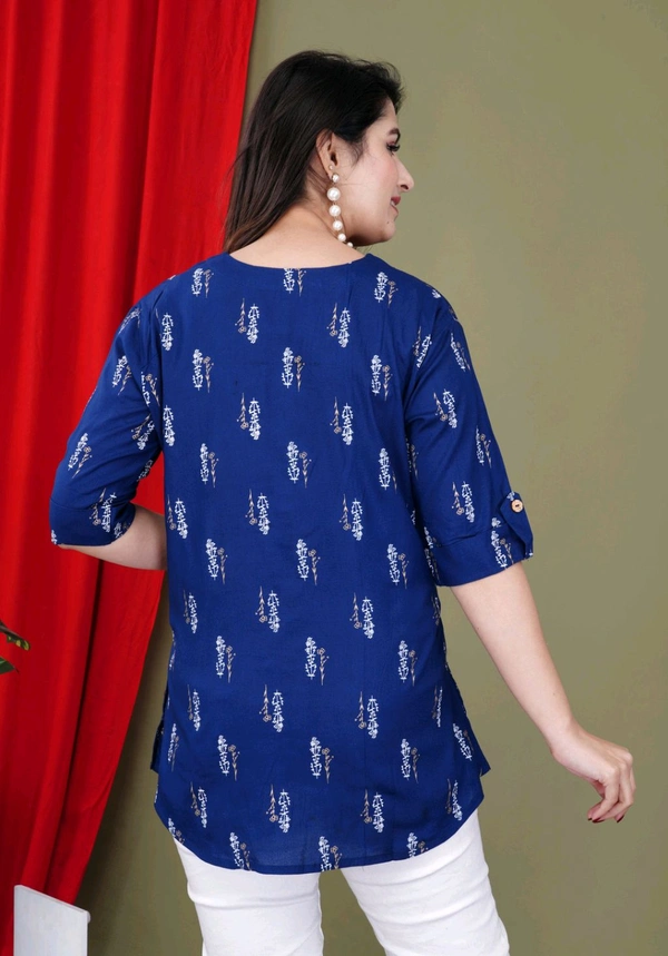 Casual Roll Up Sleeves Printed Women Green, Yellow, White Top
 - Blue, M