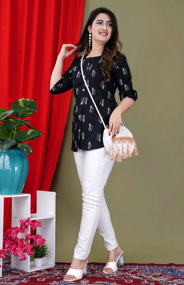 Casual Roll Up Sleeves Printed Women Green, Yellow, White Top
 - Black, 4XL