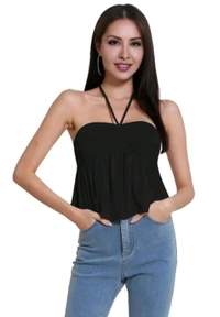 Trendy Drawstring Front Off-Shoulder Ruffle Hem Tube Top | 
 - Black, M