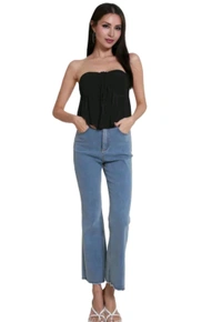 Trendy Drawstring Front Off-Shoulder Ruffle Hem Tube Top | 
 - Black, M