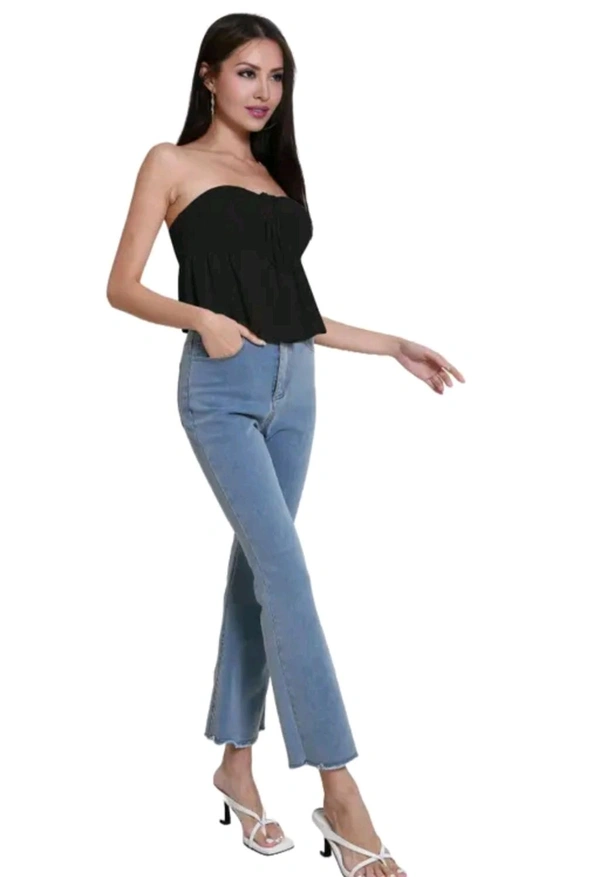 Trendy Drawstring Front Off-Shoulder Ruffle Hem Tube Top | 
 - Black, M