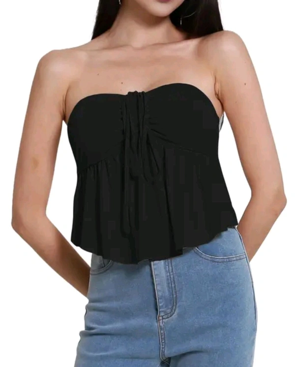 Trendy Drawstring Front Off-Shoulder Ruffle Hem Tube Top | 
 - Black, L