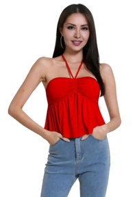 Trendy Drawstring Front Off-Shoulder Ruffle Hem Tube Top | 
 - Red, M