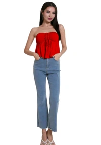 Trendy Drawstring Front Off-Shoulder Ruffle Hem Tube Top | 
 - Red, L