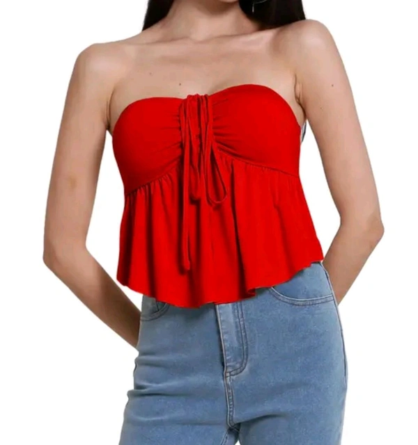 Trendy Drawstring Front Off-Shoulder Ruffle Hem Tube Top | 
 - Red, XS