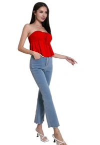 Trendy Drawstring Front Off-Shoulder Ruffle Hem Tube Top | 
 - Red, XS