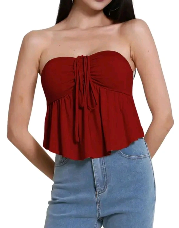 Trendy Drawstring Front Off-Shoulder Ruffle Hem Tube Top | 
 - Maroon, L