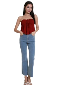 Trendy Drawstring Front Off-Shoulder Ruffle Hem Tube Top | 
 - Maroon, L