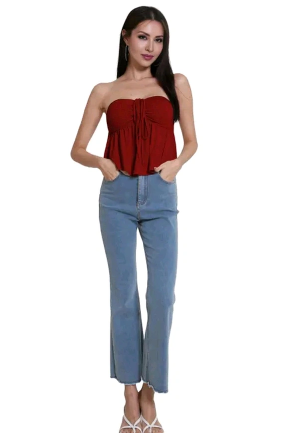 Trendy Drawstring Front Off-Shoulder Ruffle Hem Tube Top | 
 - Maroon, L
