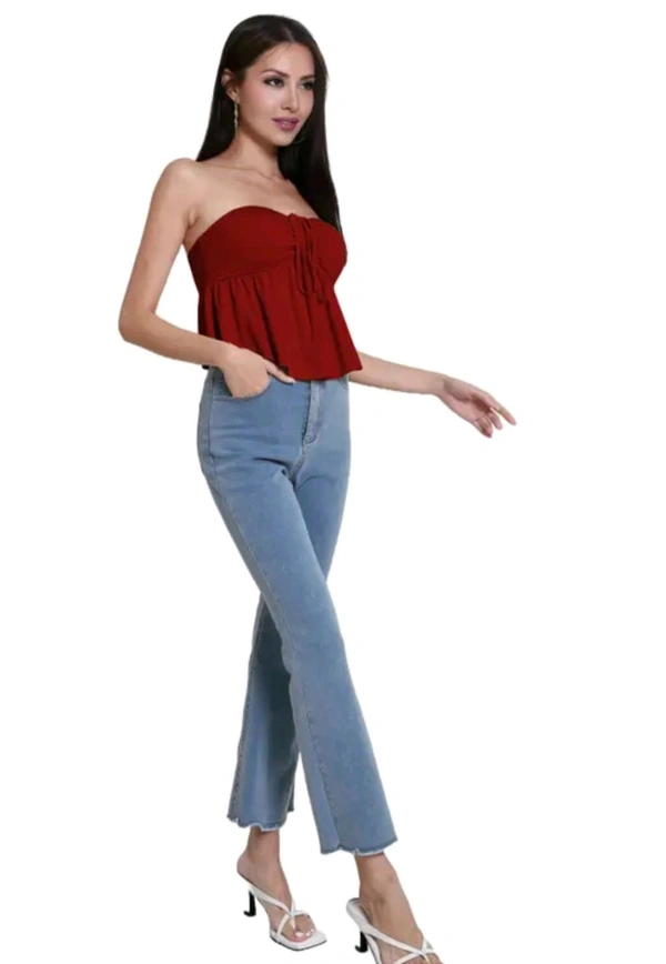 Trendy Drawstring Front Off-Shoulder Ruffle Hem Tube Top | 
 - Maroon, L