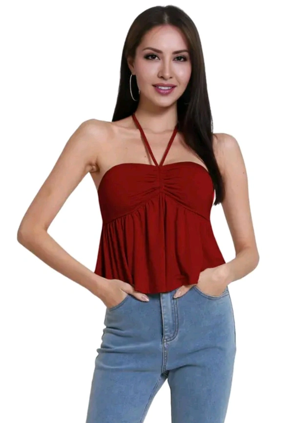 Trendy Drawstring Front Off-Shoulder Ruffle Hem Tube Top | 
 - Maroon, XS