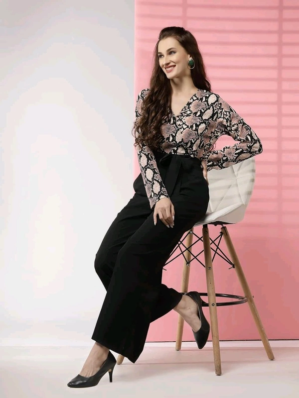 Women's Printed Maxi Jumpsuit, Black And Beige - Clam Shell, L