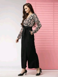 Women's Printed Maxi Jumpsuit, Black And Beige - Clam Shell, XS