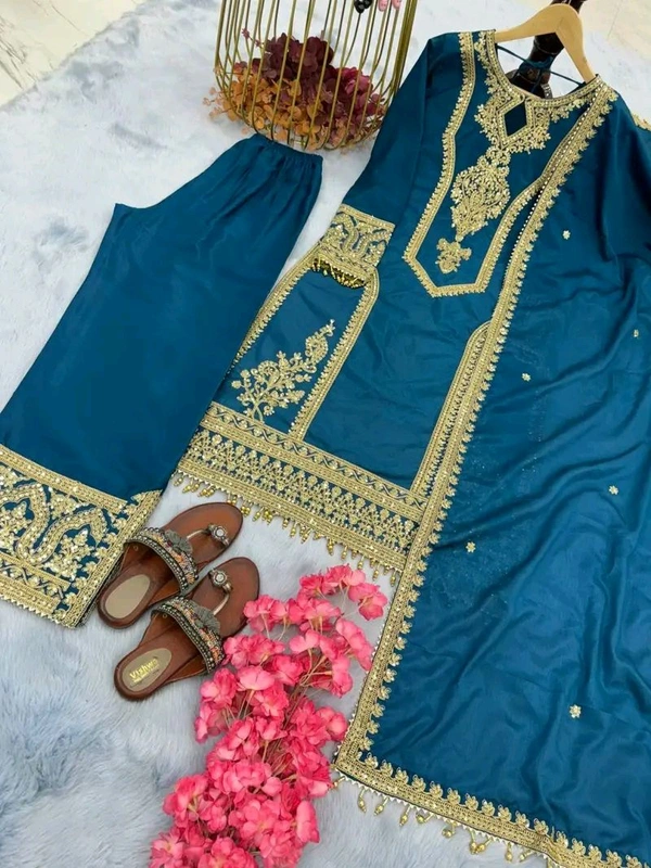 Heavy Chinon Silk kurti Eith Embroidered salwar And Dupatta Set
 - Regal Blue, XXL