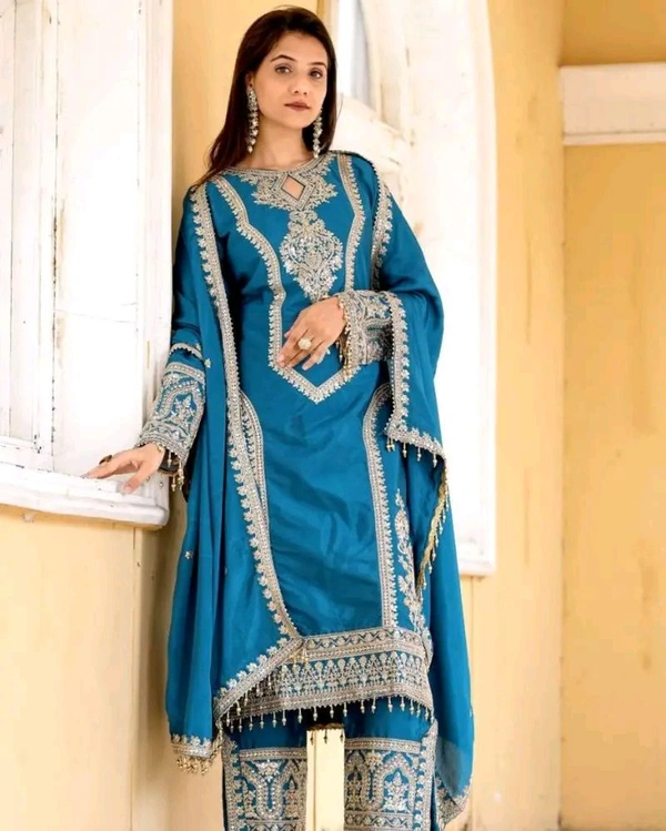 Heavy Chinon Silk kurti Eith Embroidered salwar And Dupatta Set
 - Regal Blue, XXXL