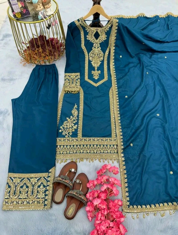 Heavy Chinon Silk kurti Eith Embroidered salwar And Dupatta Set
 - Regal Blue, XXXL