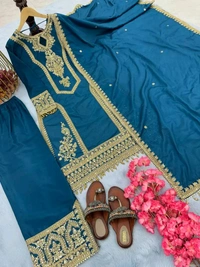 Heavy Chinon Silk kurti Eith Embroidered salwar And Dupatta Set
 - Regal Blue, XXXL