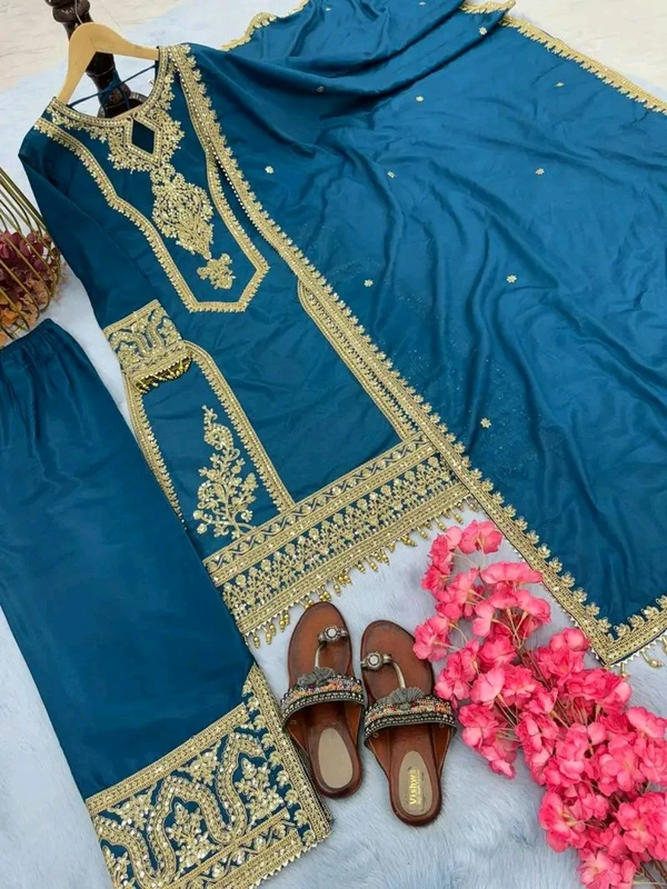Heavy Chinon Silk kurti Eith Embroidered salwar And Dupatta Set
 - Regal Blue, XXXL
