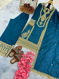 Heavy Chinon Silk kurti Eith Embroidered salwar And Dupatta Set
 - Regal Blue, XXXL