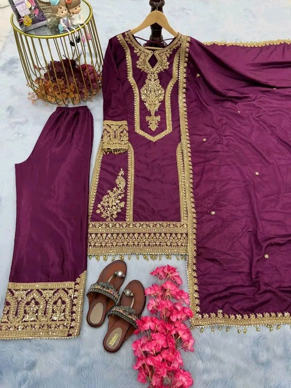 Heavy Chinon Silk kurti Eith Embroidered salwar And Dupatta Set
 - Tawny Port, L