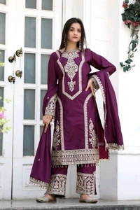 Heavy Chinon Silk kurti Eith Embroidered salwar And Dupatta Set
 - Tawny Port, XL